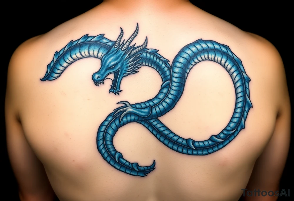 The design features a dragon, coiled in the shape of the infinity symbol (sideways number "8"). The dragon is depicted eating its own tail, symbolizing eternity and continuity, inspired by the Ouroboros.

Details:

The dragon's body has vibrant, glossy blue scales, with a smooth and polished texture.
It maintains a clean, balanced shape in the infinity figure, with sharp details and elegant flow.
Style:

The focus remains on the dragon's form, with no additional background elements to keep the design minimal and modern. tattoo idea
