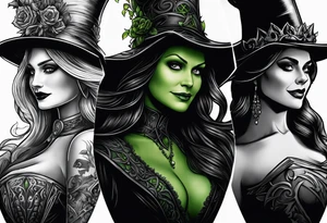 full arm sleeve very dark with characters from wicked: elphaba, Glinda, fiyero, tattoo idea