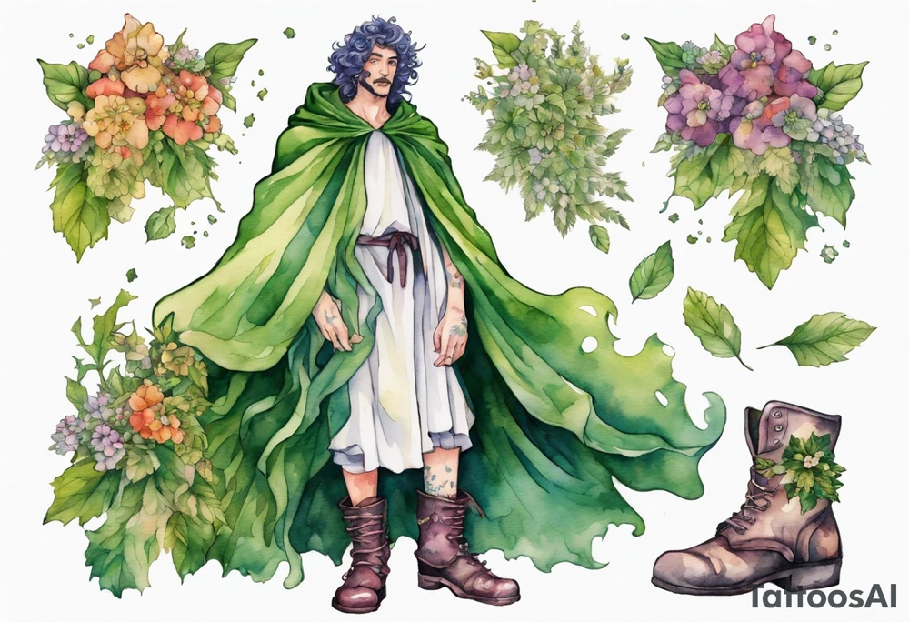 Dionysus covered in flowers and leaves wearing a cloak and mossy boots tattoo idea