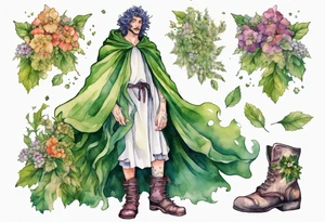 Dionysus covered in flowers and leaves wearing a cloak and mossy boots tattoo idea