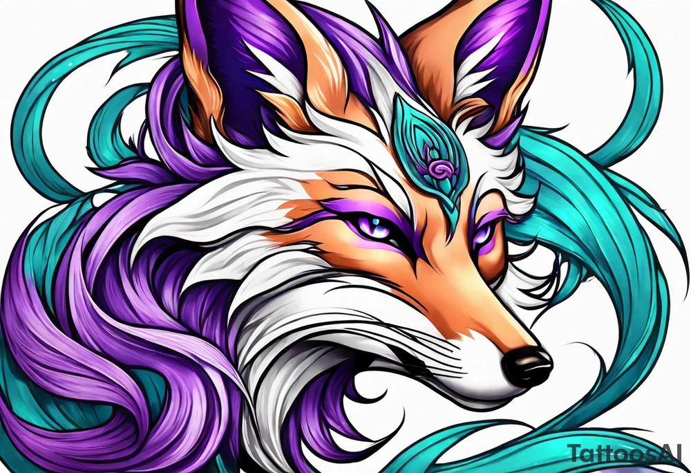 Kitsune fox with 9 tails, purple with teal highlights tattoo idea