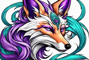 Kitsune fox with 9 tails, purple with teal highlights tattoo idea