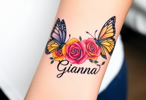 Beautiful majestic butterflies , surrounded by yellow, red and purple roses with the name Gianna tattoo idea