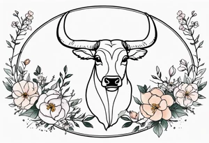 Saggitarius zodiac symbol (the archer) intertwined with the Taurus zodiac symbol (the bull) with delicate flowers tattoo idea