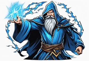 Yelling wizard directing a lightning strike with blue lightning and a black cloak tattoo idea