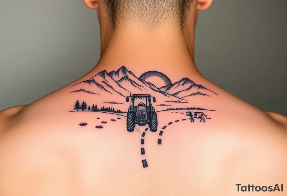 mountian, road, vantage tractor, cow, sunset tattoo idea