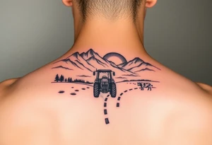 mountian, road, vantage tractor, cow, sunset tattoo idea