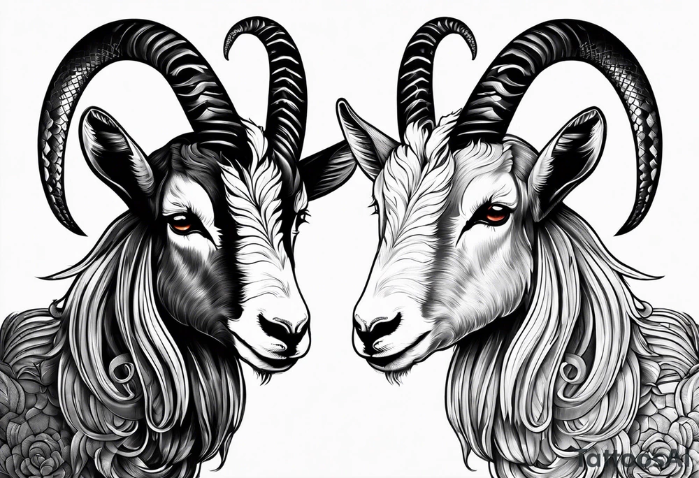 Image of a goat combined with a Snake. The 2 pairs of horns are the snake. tattoo idea