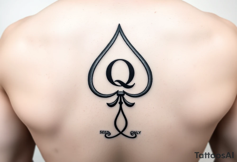 A spade womb tattoo with a Q in the center, with three points around the outside. The first reading, "BLACK". The second reading, "SEED". The third reading, "ONLY". A winding tail at the bottom of the spade. tattoo idea