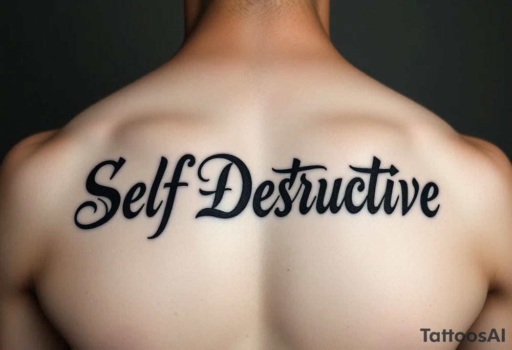 Outline of the words Self Destructive in a bold and thick gothic black letter cursive/ curly font lettering across the chest tattoo idea