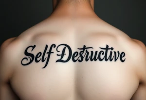 Outline of the words Self Destructive in a bold and thick gothic black letter cursive/ curly font lettering across the chest tattoo idea