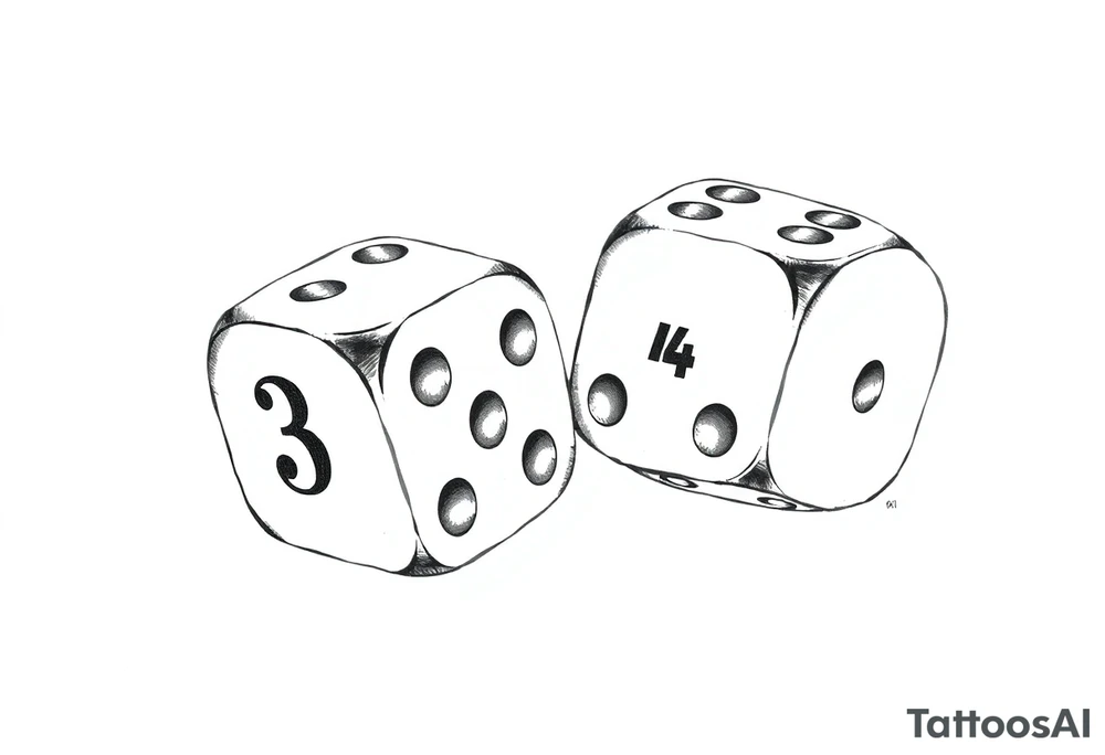 2 dices with dice showing 3, 1,4 tattoo idea