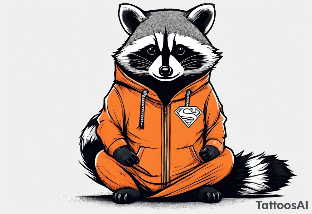 Raccoon wearing an orange Superman hoodie tattoo idea
