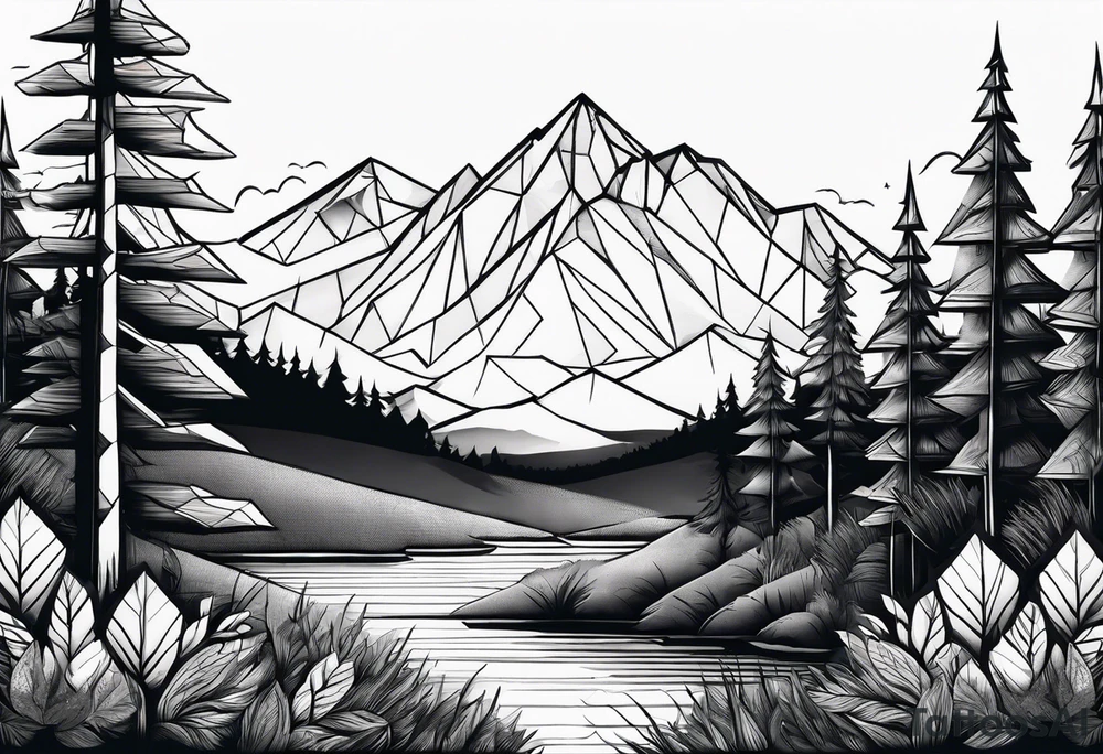 a forest along the edges with mountains below and in the distance with full trees and a diamond in the middle tattoo idea