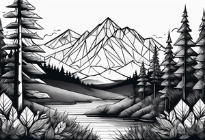 a forest along the edges with mountains below and in the distance with full trees and a diamond in the middle tattoo idea