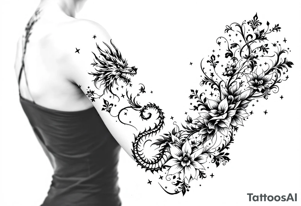 un dragon central entouré de fleurs de lys tattoo idea
