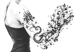 un dragon central entouré de fleurs de lys tattoo idea