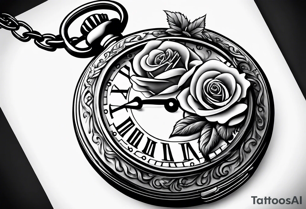 Pocket watch with chain and roses tattoo idea