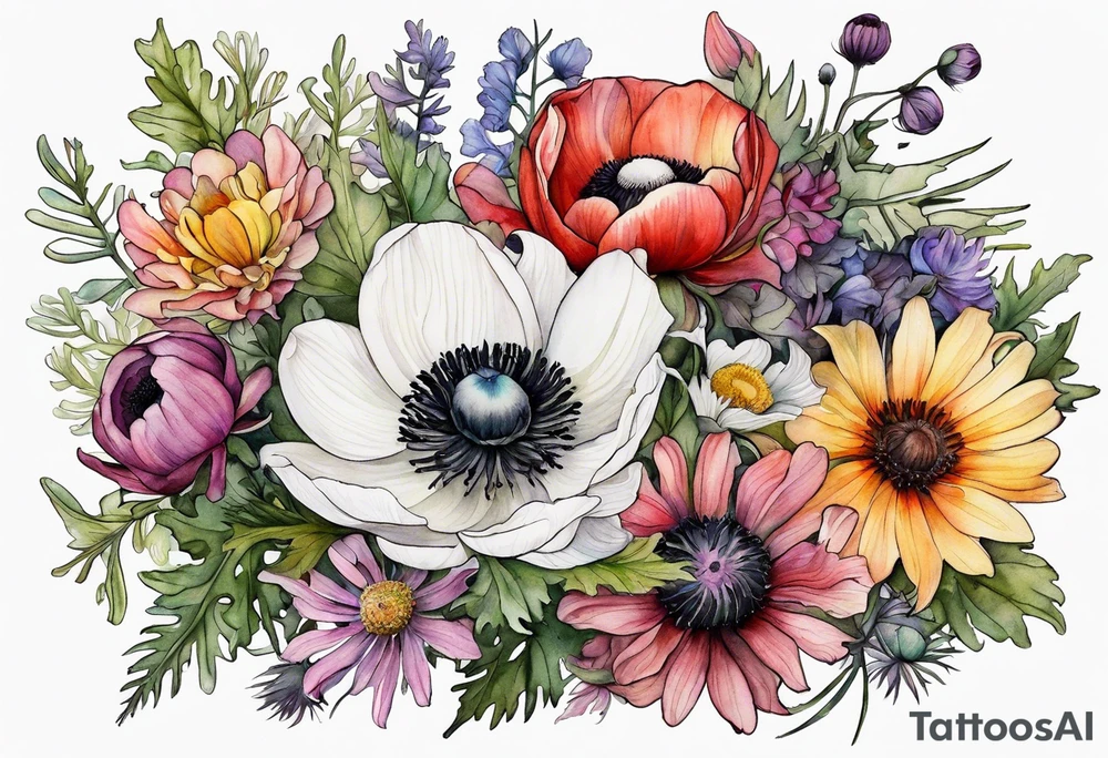one white anemone with black center in the middle of mixed colorful wildflowers all with different shapes including thistles, ferns, ranuculus, and sun flowers all in watercolor tattoo idea