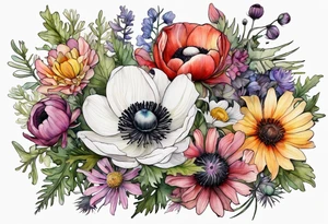 one white anemone with black center in the middle of mixed colorful wildflowers all with different shapes including thistles, ferns, ranuculus, and sun flowers all in watercolor tattoo idea