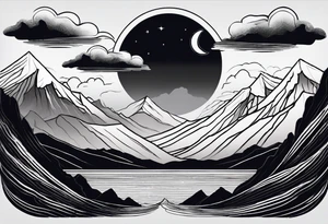 Mountain Range coming Out of the sea and Clouds. Sunrise in Front of it. Half moon and night Sky above the Mountains. tattoo idea
