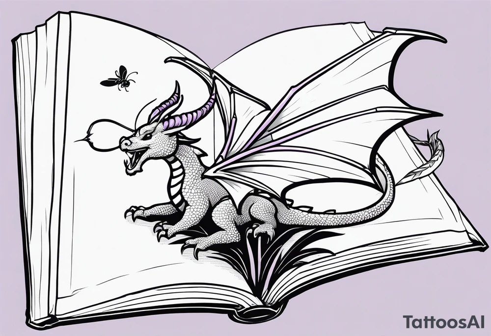 an open fantasy book. a flying dragon. One pawn piece. a cluster of lavender with a bee under book tattoo idea