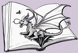 an open fantasy book. a flying dragon. One pawn piece. a cluster of lavender with a bee under book tattoo idea