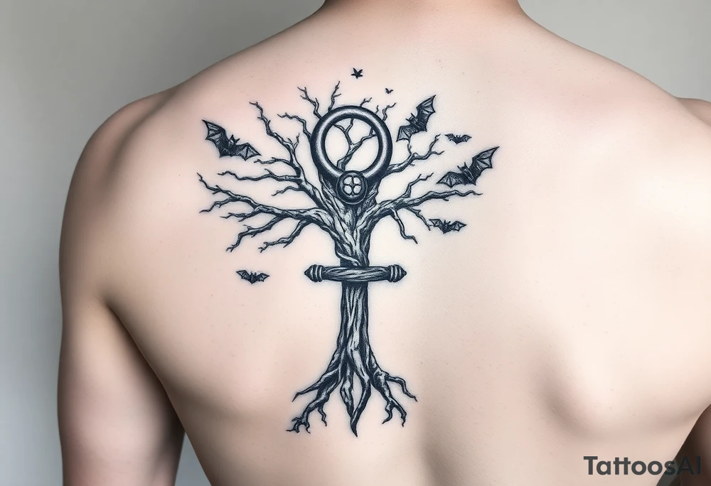 poison tree wrapped around an ankh with bats flying around the tree forearm tattoo tattoo idea