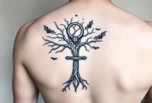 poison tree wrapped around an ankh with bats flying around the tree forearm tattoo tattoo idea