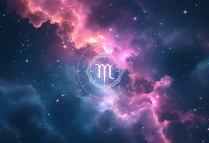 A pink and navy ombré sky holds the Cancer constellation with a silver zodiac glyph glowing at its center. tattoo idea