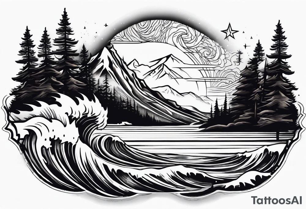 a rhombus shape. Crashing wave at the front. snow-capped mountain at the back. Pine trees to the side. three stars ARE ABOVE THE MOUNTAIN tattoo idea