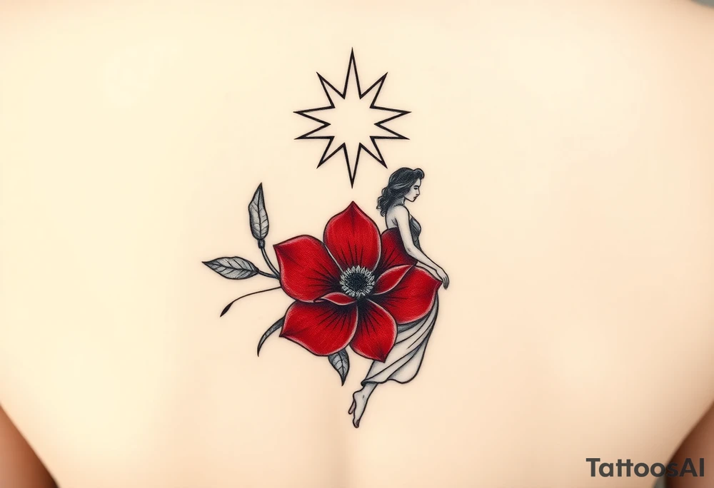 A highly artistic tattoo design with a central focus on a radiant star, symbolizing guidance and empowerment. Below the star, a deep crimson arghaman flower (scarlet flower) blooms gracefully, representing beauty and resilience. To the side, a free-spirited woman walks barefoot, embodying feminine strength and absolute freedom. The composition should evoke a sense of empowerment and liberation, with flowing lines and a dreamy, poetic atmosphere. The style should be artistic rather than hyper-realistic, with fine details, elegant line work, and a slightly abstract touch. The overall aesthetic should feel timeless, expressive, and deeply meaningful, capturing the essence of feminine power and freedom. tattoo idea