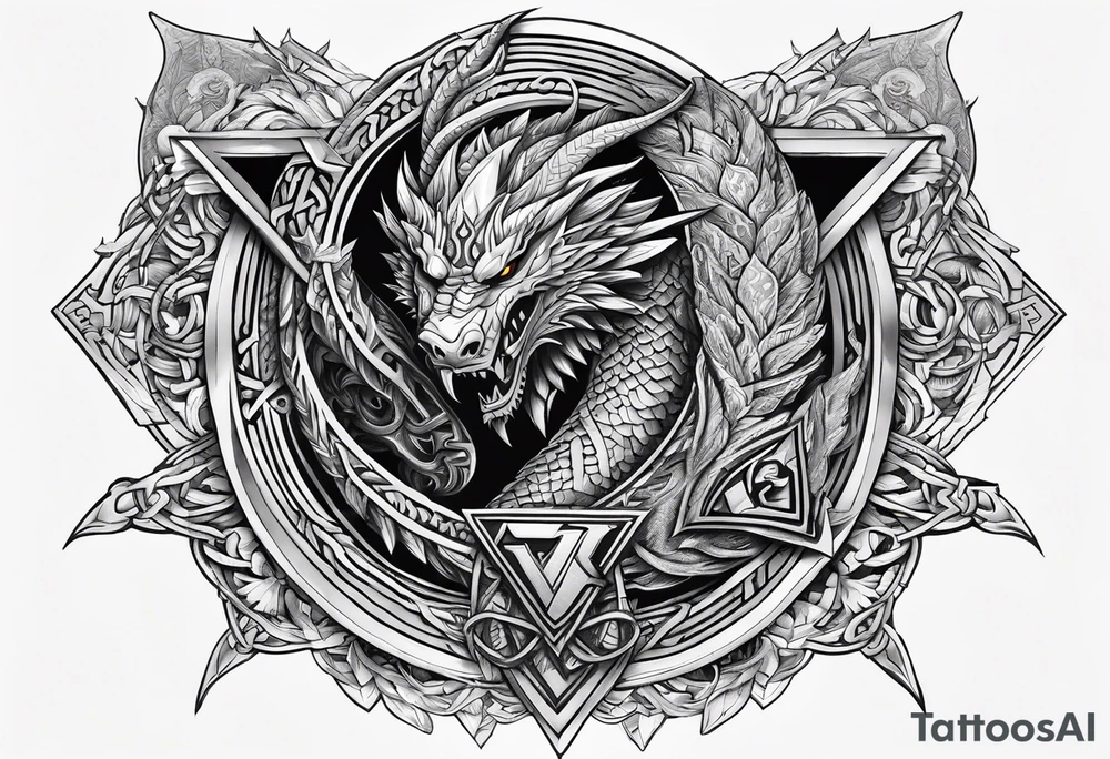 Valhalla sword shield dragon axe Valknut barbed wire chains tattoo idea