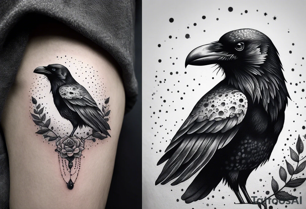 standing crow wearing a miniature human skull over it's head tattoo idea