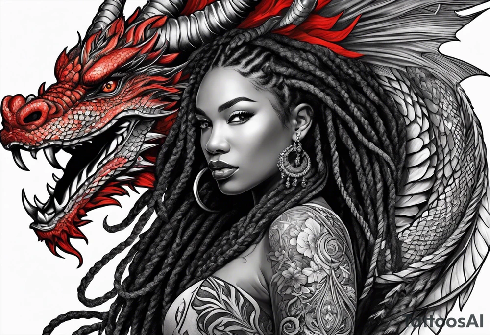 Red dragon behind black woman with dreadlocks tattoo idea