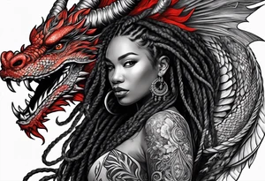 Red dragon behind black woman with dreadlocks tattoo idea