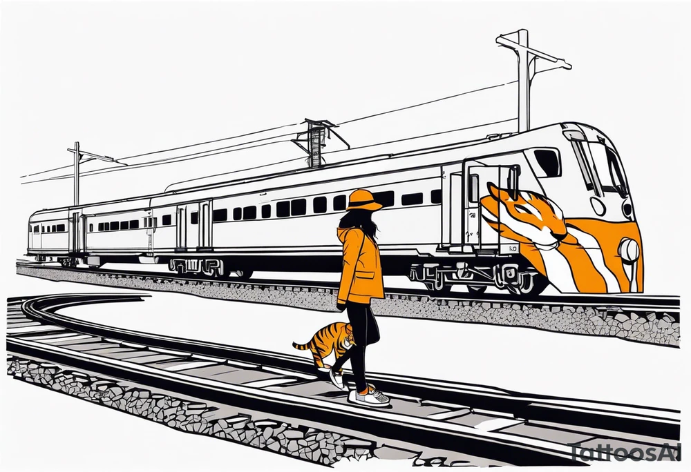 Bells cracking train track in the middle with a girl wearing tiger mask tattoo idea