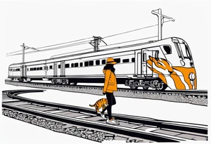 Bells cracking train track in the middle with a girl wearing tiger mask tattoo idea