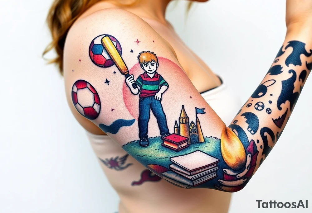 Collage of childhood memories including a football, a cricket bat, the comic character Dennis the Menace, a sandcastle and a small pile of books. tattoo idea