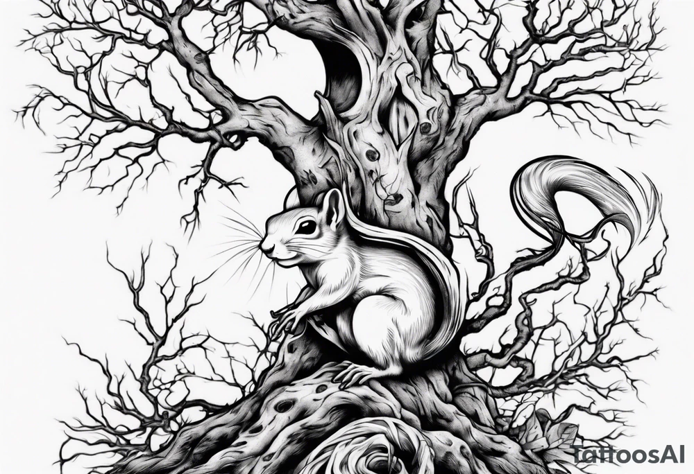 a bare tree with a small squirrel running up the side, a serpent weaving through the tree roots tattoo idea