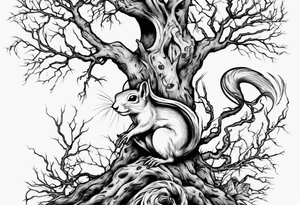 a bare tree with a small squirrel running up the side, a serpent weaving through the tree roots tattoo idea