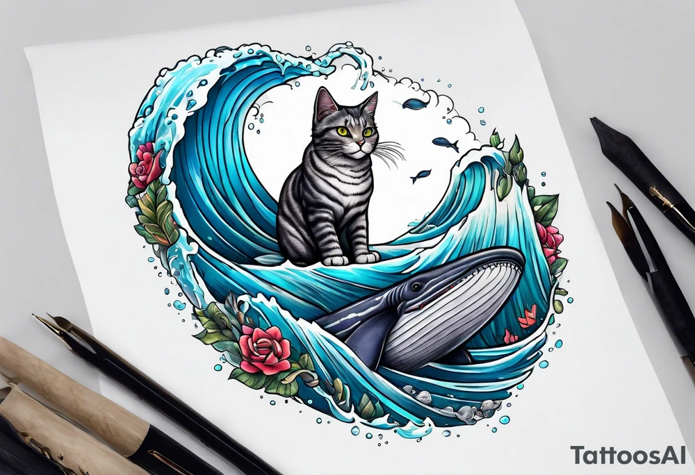 shynx cat riding a whale tattoo idea