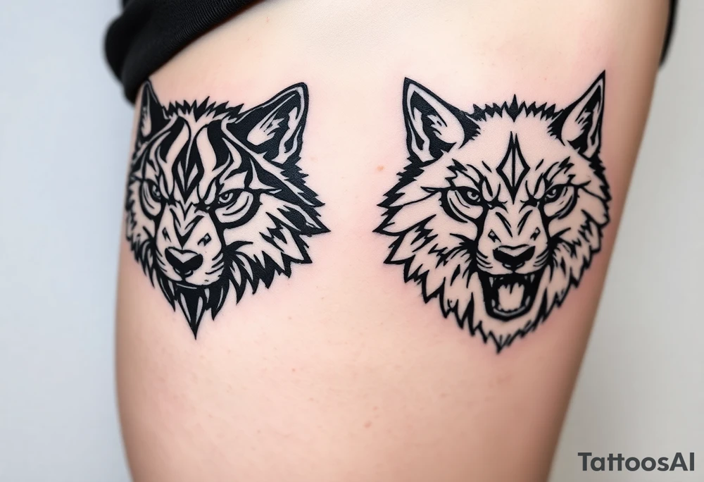 Side by side black wolf face and white wolf face tattoo idea