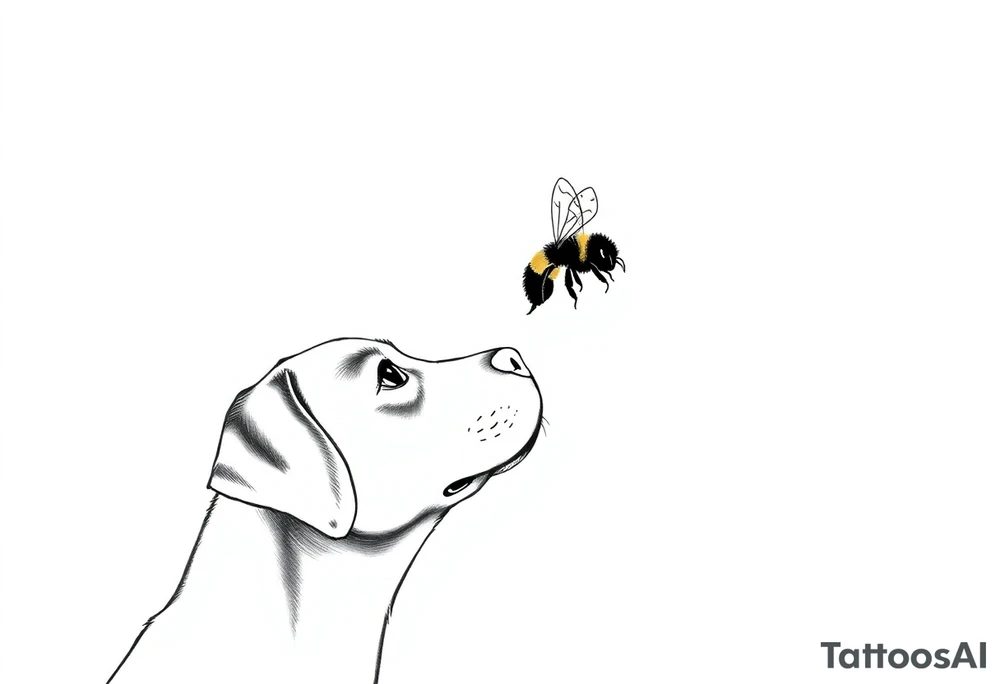 brown lab looking up at a bumble bee like it’s almost about to sniff it but they’re not touching. all black ink and fine line. tattoo idea