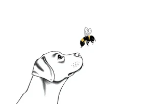 brown lab looking up at a bumble bee like it’s almost about to sniff it but they’re not touching. all black ink and fine line. tattoo idea