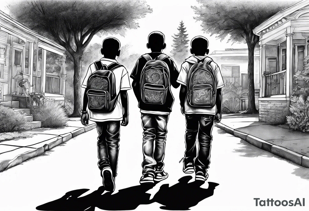 the bond between three black school age brothers walking away down a street showing full bodies tattoo idea