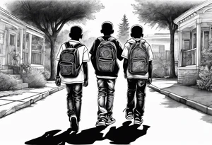 the bond between three black school age brothers walking away down a street showing full bodies tattoo idea