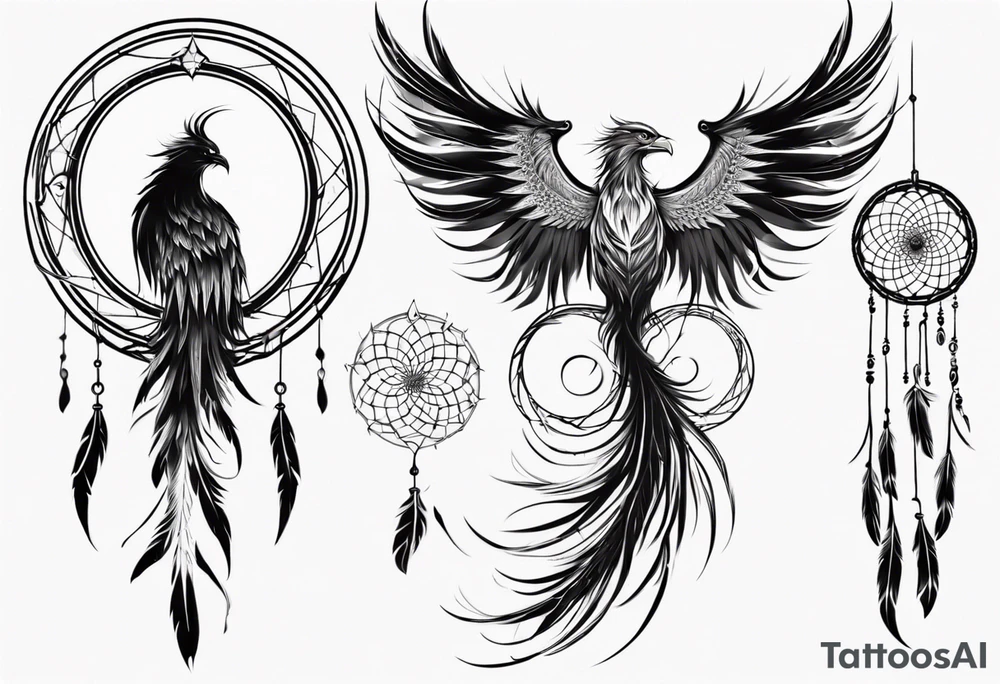 Vertical angry flying Phoenix with wings blending into circles and a long abstract dream catcher feather tail tattoo idea