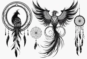 Vertical angry flying Phoenix with wings blending into circles and a long abstract dream catcher feather tail tattoo idea