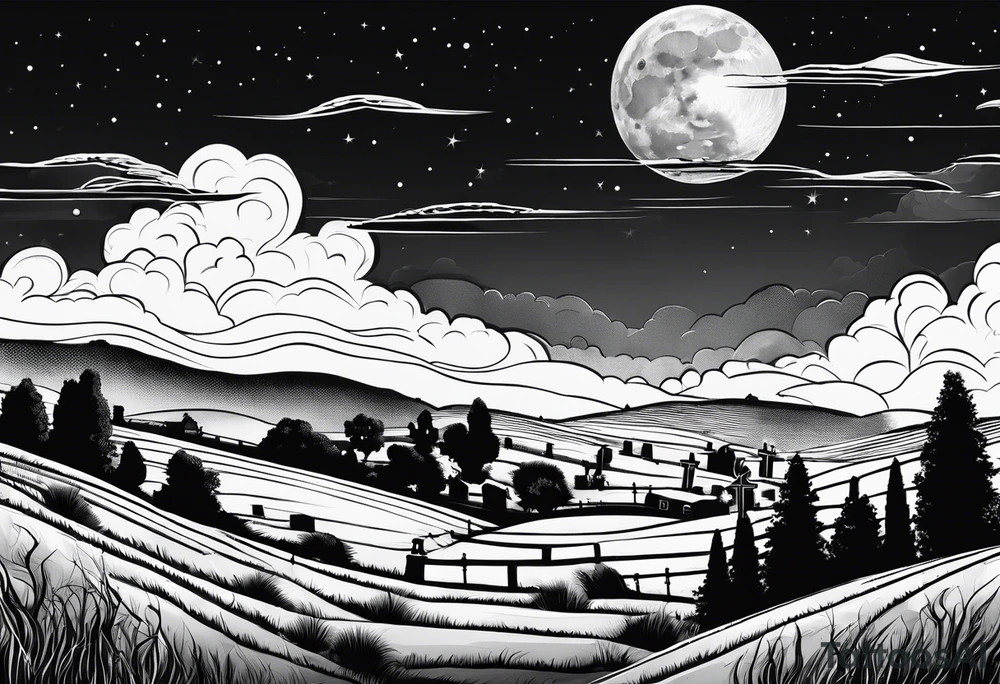 Cemetery on hills with clouds and moon tattoo idea